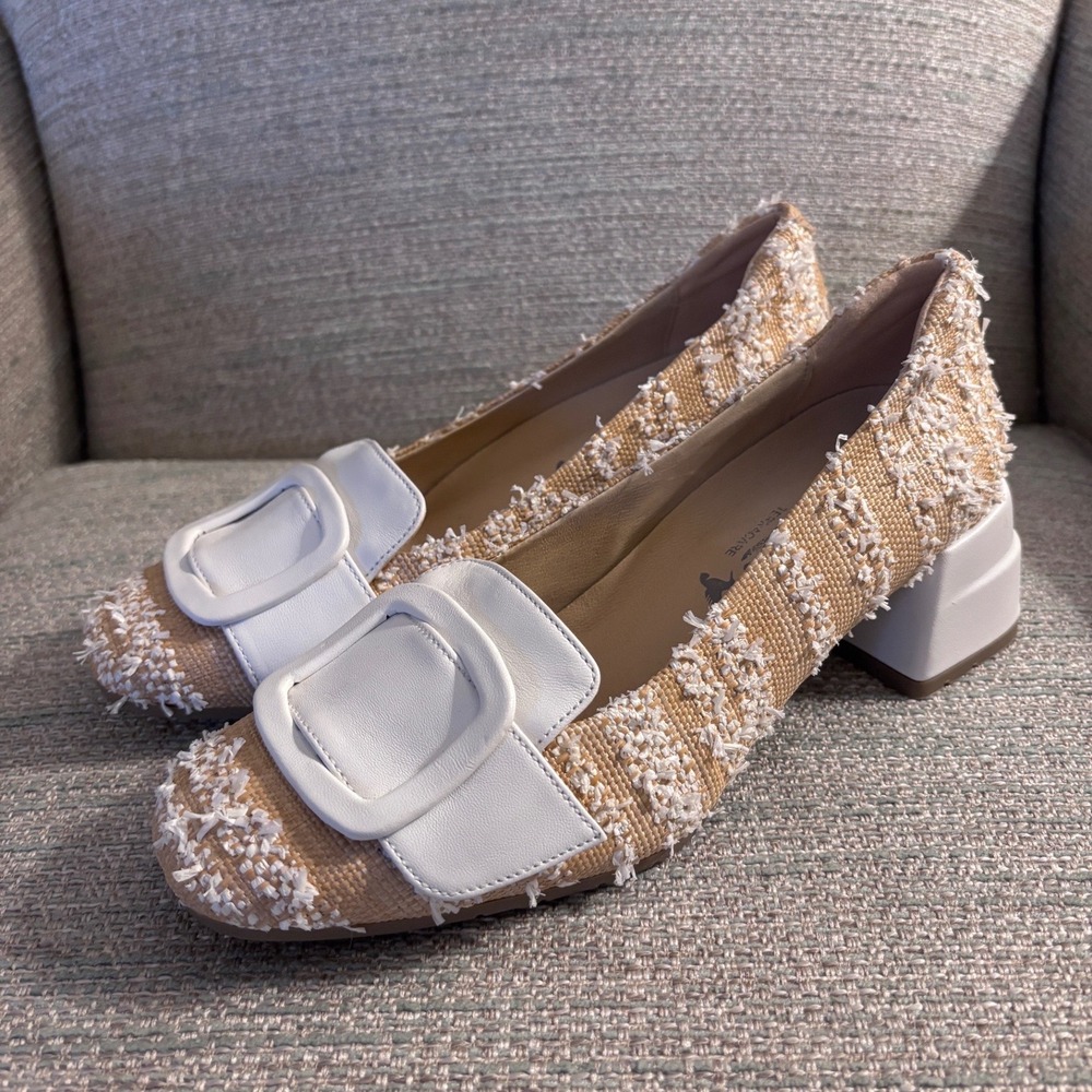 Softwaves Terracare Woven Raffia Block Heel Loafers White Buckle Pumps 37